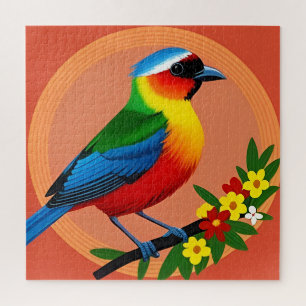 Colourful Bird Perched Among Vibrant Flowers Jigsaw Puzzle