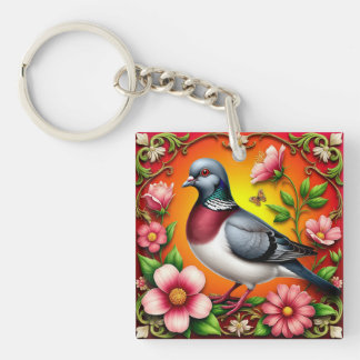 Colourful Bird Perched Among Vibrant Flowers Key Ring