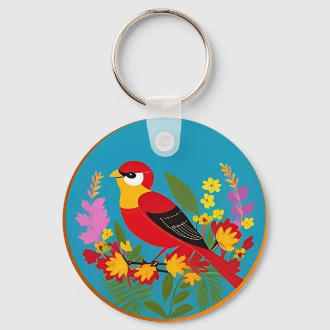 Colourful Bird Perched Among Vibrant Flowers Key Ring (Front)