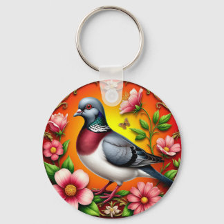 Colourful Bird Perched Among Vibrant Flowers Key Ring