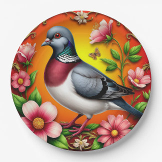 Colourful Bird Perched Among Vibrant Flowers Paper Plate