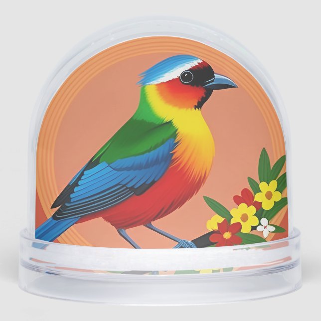 Colourful Bird Perched Among Vibrant Flowers Snowglobe (Front)