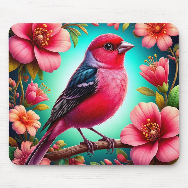 Colourful Bird Perched on Branch Mouse Mat (Front)