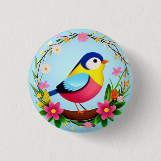 Colourful Bird Surrounded by Flower Wreath 3 Cm Round Badge