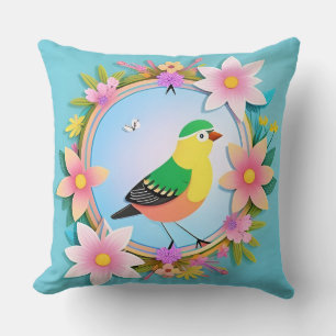 Colourful Bird Surrounded by Flower Wreath Cushion