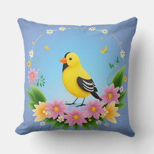 Colourful Bird Surrounded by Flower Wreath Cushion
