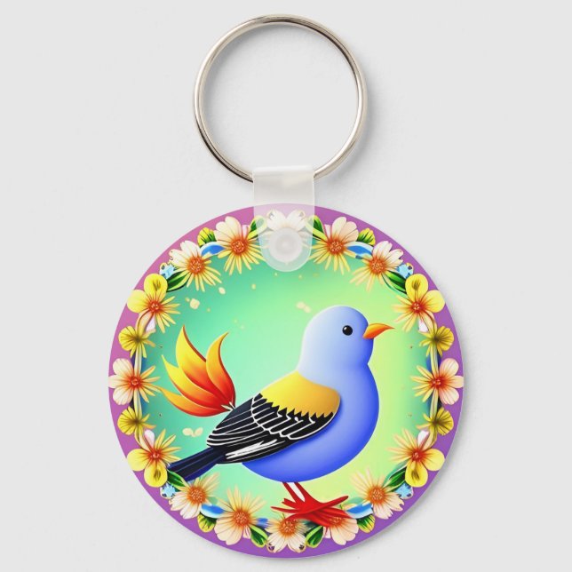 Colourful Bird Surrounded by Flower Wreath Key Ring (Front)
