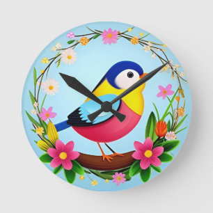 Colourful Bird Surrounded by Flower Wreath Round Clock