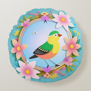 Colourful Bird Surrounded by Flower Wreath Round Cushion