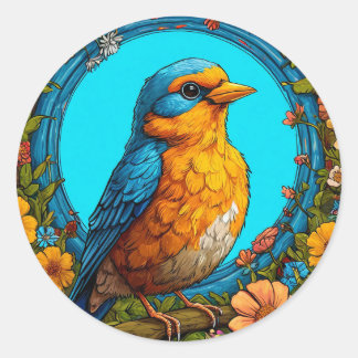 Colourful Bird with Floral Frame Classic Round Sticker