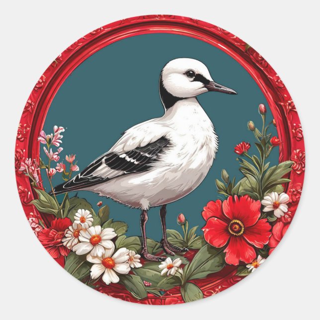 Colourful Bird with Floral Frame Classic Round Sticker (Front)