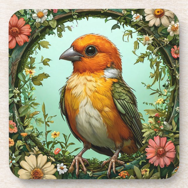Colourful Bird with Floral Frame Coaster (Front)