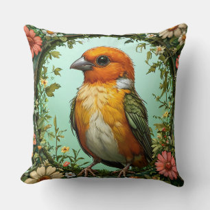 Colourful Bird with Floral Frame Cushion