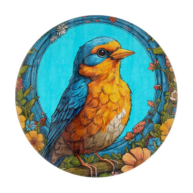 Colourful Bird with Floral Frame Cutting Board (Front)