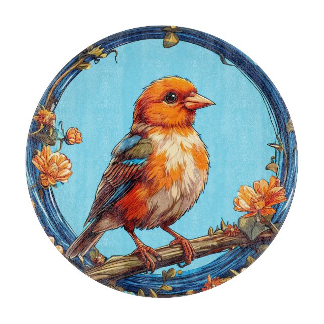 Colourful Bird with Floral Frame Cutting Board (Front)