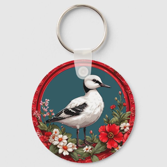 Colourful Bird with Floral Frame Key Ring (Front)