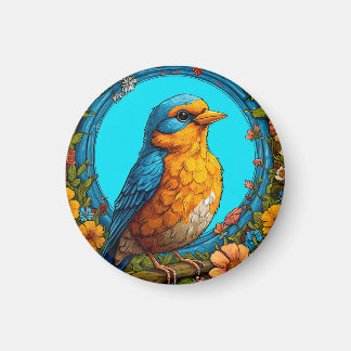 Colourful Bird with Floral Frame Magnet