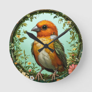 Colourful Bird with Floral Frame Round Clock