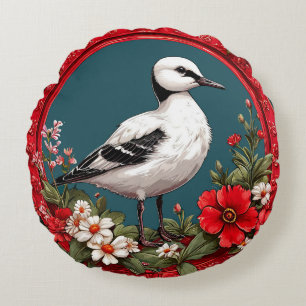 Colourful Bird with Floral Frame Round Cushion