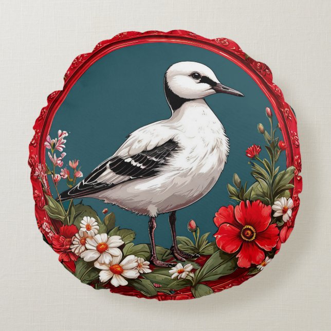Colourful Bird with Floral Frame Round Cushion (Front)
