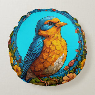 Colourful Bird with Floral Frame Round Cushion
