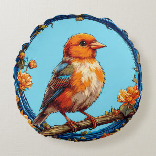 Colourful Bird with Floral Frame Round Cushion