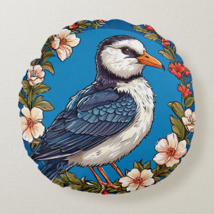 Colourful Bird with Floral Frame Round Cushion
