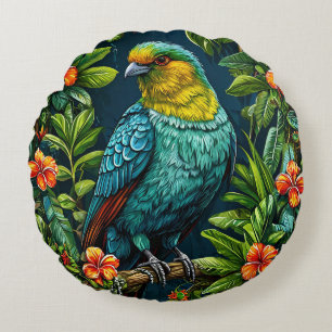 Colourful Bird with Floral Frame Round Cushion