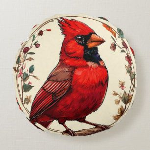 Colourful Bird with Floral Frame Round Cushion