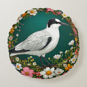 Colourful Bird with Floral Frame Round Cushion