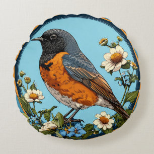 Colourful Bird with Floral Frame Round Cushion