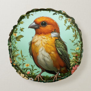 Colourful Bird with Floral Frame Round Cushion