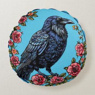 Colourful Bird with Floral Frame Round Cushion