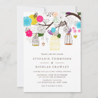 Colourful Birdcages and Flowers Wedding Invitation