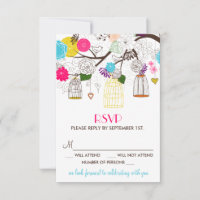 Colourful Birdcages and Flowers Wedding RSVP Card