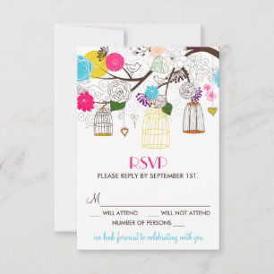 Colourful Birdcages and Flowers Wedding RSVP Card