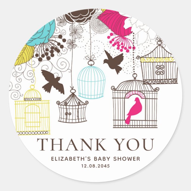 Colourful Birdcages Baby Shower Thank You Stickers (Front)