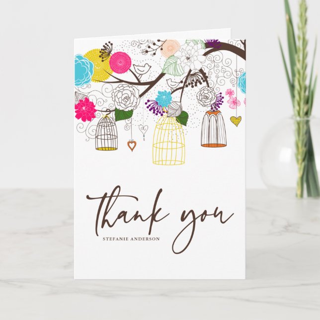Colourful Birdcages Floral Wedding Thank You Card (Front)