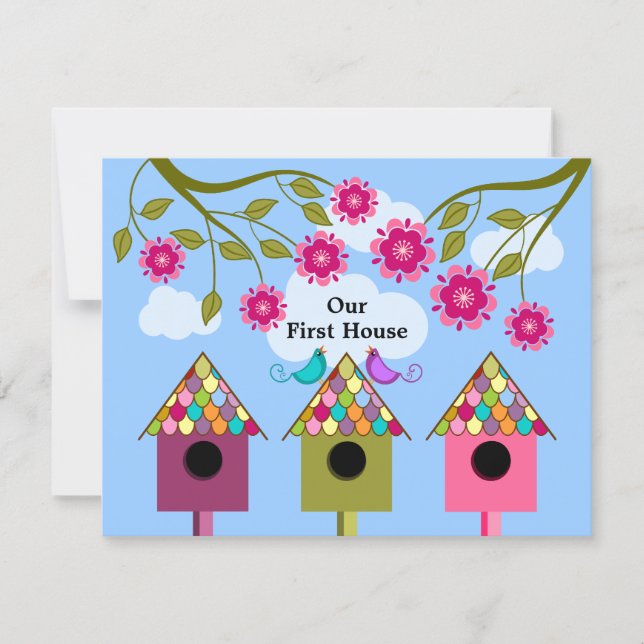 Colourful Birdhouses and Birds Housewarming Party Invitation (Front)