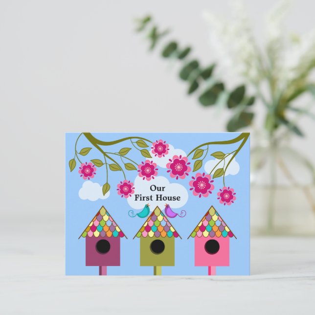 Colourful Birdhouses and Birds Housewarming Party Invitation (Standing Front)