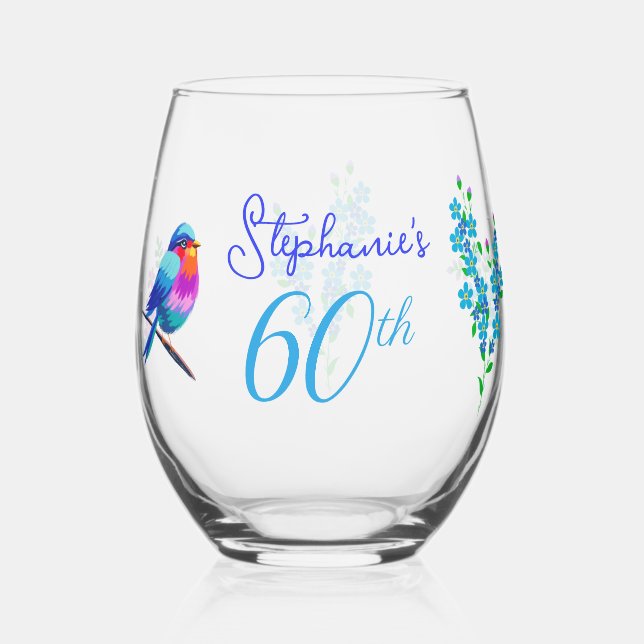 Colourful Birdie Forget Me Not Floral 60th Birthda Stemless Wine Glass (Front)