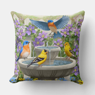 Colourful Birds and Bird Bath Flower Garden Cushion