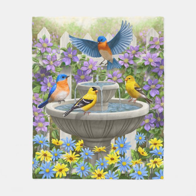 Colourful Birds and Bird Bath Flower Garden Fleece Blanket (Front)