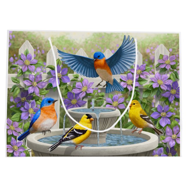 Colourful Birds and Bird Bath Flower Garden Large Gift Bag (Back)