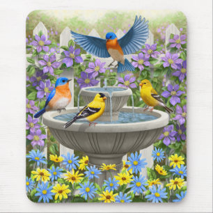 Colourful Birds and Bird Bath Flower Garden Mouse Mat