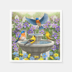 Colourful Birds and Bird Bath Flower Garden Napkin