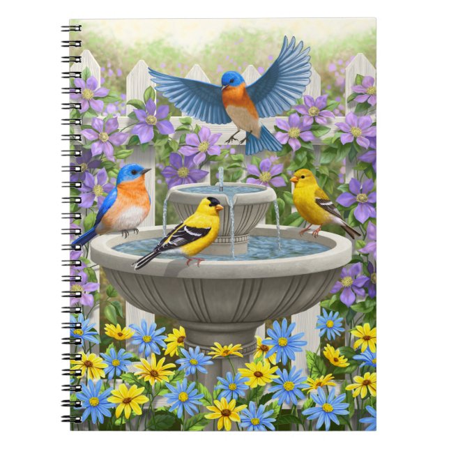 Colourful Birds and Bird Bath Flower Garden Notebook (Front)