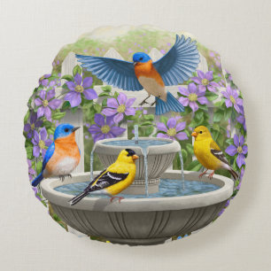 Colourful Birds and Bird Bath Flower Garden Round Cushion