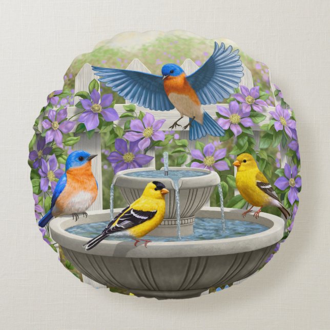 Colourful Birds and Bird Bath Flower Garden Round Cushion (Front)