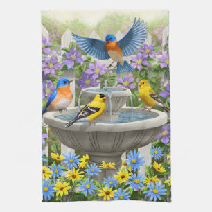 Colourful Birds and Bird Bath Flower Garden Tea Towel